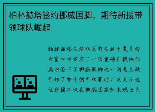 柏林赫塔签约挪威国脚，期待新援带领球队崛起