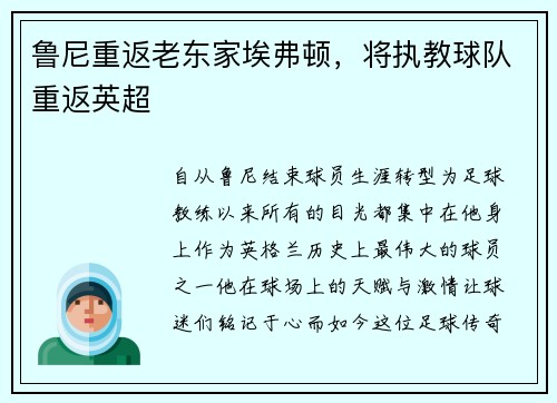 鲁尼重返老东家埃弗顿，将执教球队重返英超